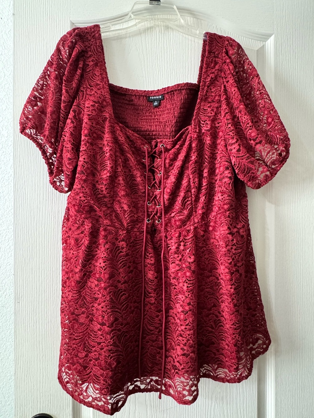 Torrid 3X Crimson Lace-Up Crochet Peasant Blouse
